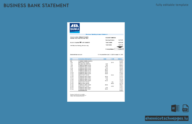 ASA Banka Firmengirokontoauszug – Beispielansicht (Word und PDF)